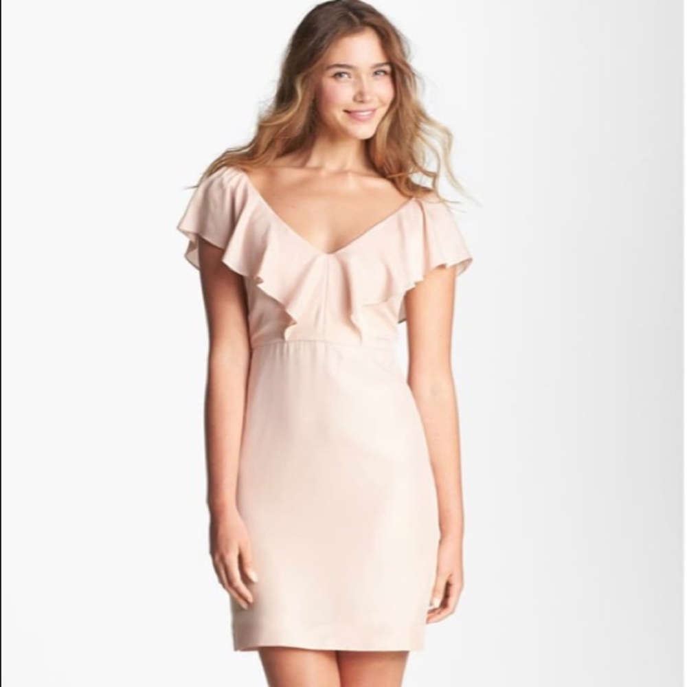 Jenny Yoo Gabby Ruffled Neckline Sheath Dress